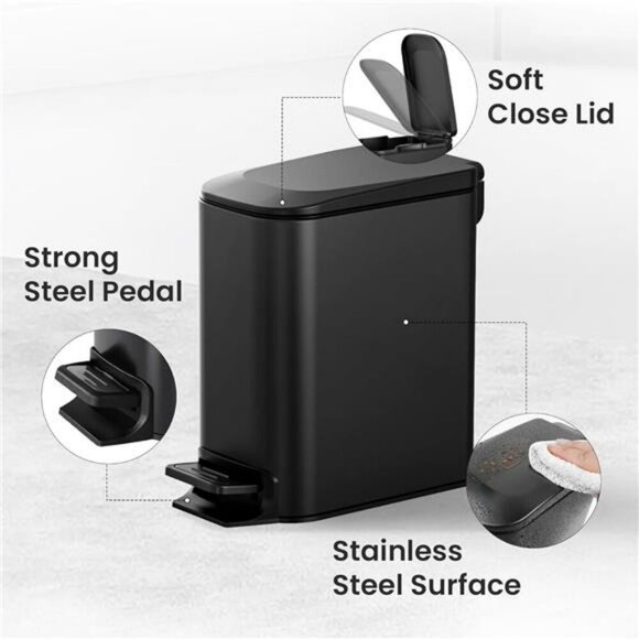 Small Black Bathroom Trash Can with Lid Step Pedal Soft Close Slim Garbage Bin - Picture 5 of 7